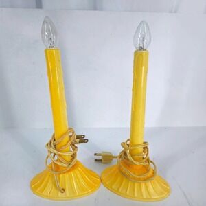 Vintage Yellow Plastic Electric Candle Lamps Set of 2 Dripping Wax MCM Holiday